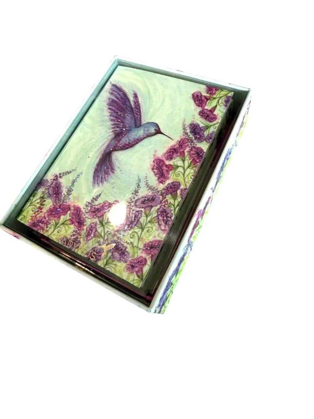 Papyrus 12 Hummingbird Notecards Envelopes Gold Seals Floral Glitter Purple
